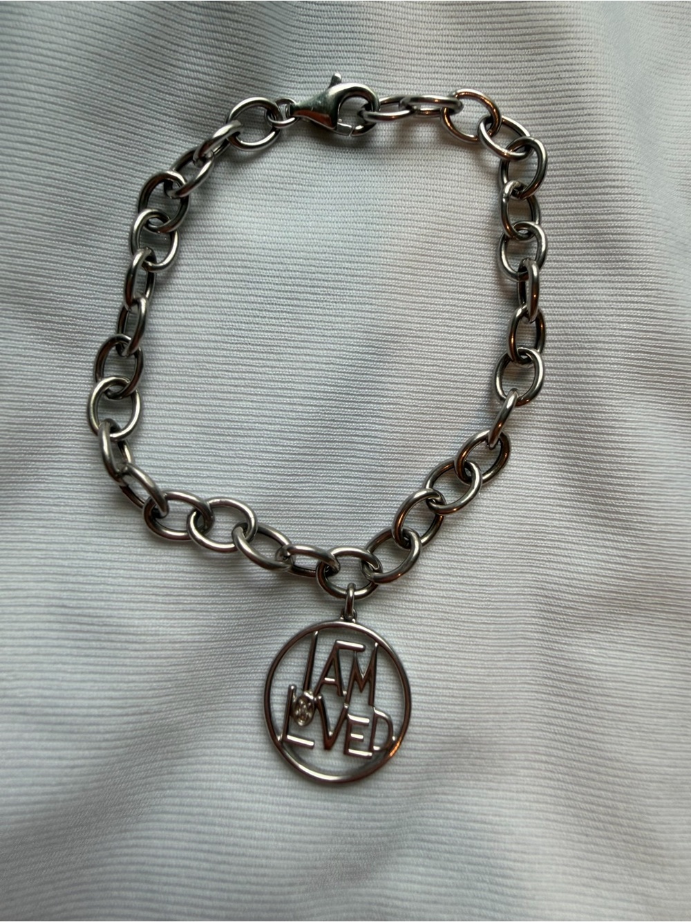 Round 'I AM LOVED' Silver Charm Chain Bracelet